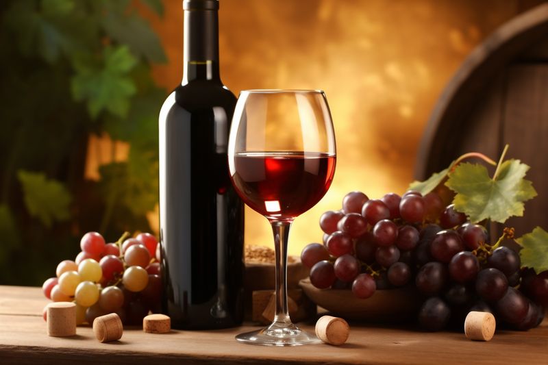 alcohol bottle food drink grape background winery wine grapevine glass beverage. Generative AI.