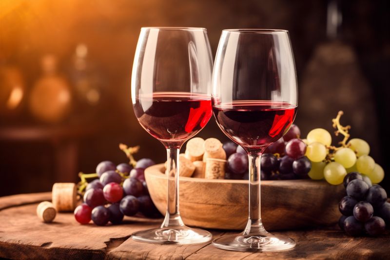 winery harvest grape drink food alcohol beverage glass wine bottle background. Generative AI.