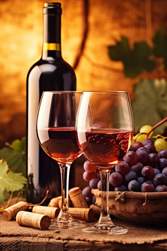 grape bottle beverage food sunset drink glass wine background winery alcohol. Generative AI.