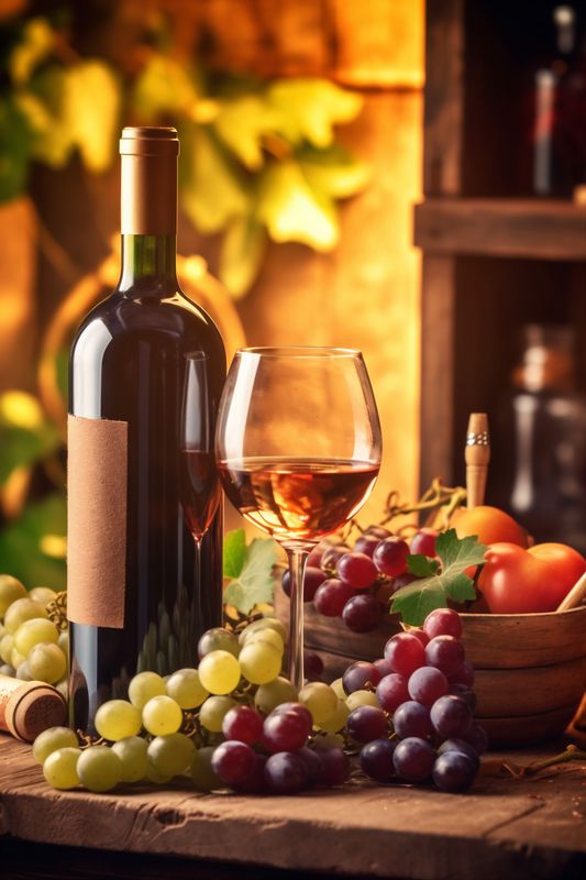 glass background drink winery alcohol wine bottle food grape table beverage. Generative AI.