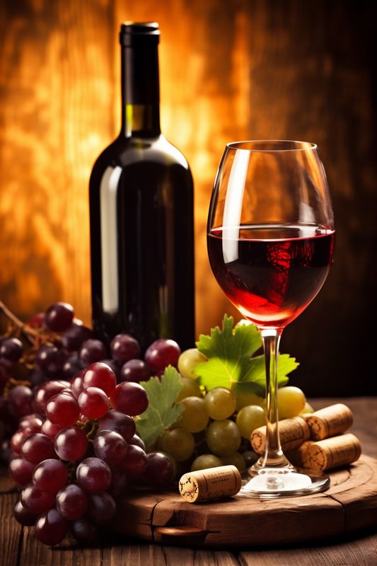 wine grape barrel beverage alcohol drink food glass background winery bottle. Generative AI.