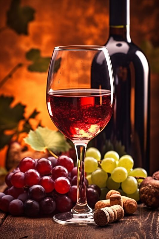 winery drink harvest alcohol glass wine bottle grape food background beverage. Generative AI.