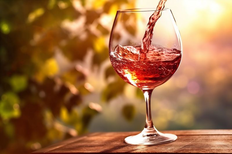 red alcohol party gradient background merlot drink wine glass liquid closeup. Generative AI.