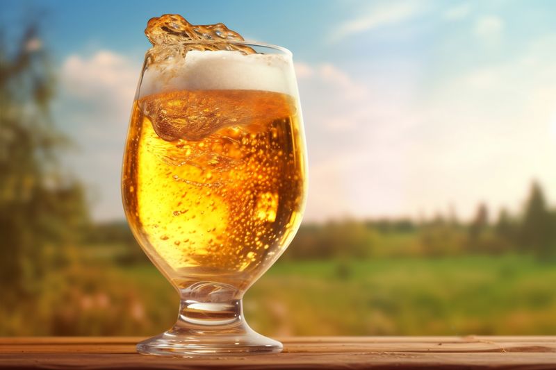 splash bubble bokeh foam background alcohol glass drink gradient cold beer. Generative AI.