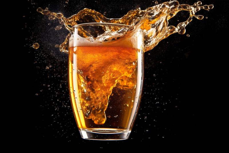 cold drink alcohol beer glassware foam bubble splash background gradient glass. Generative AI.