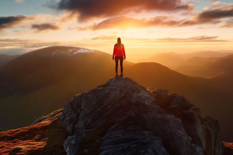 view woman man nature hiker backpack adventure landscape mountain back sunset travel. Generative AI.