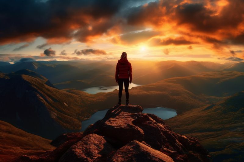 man woman mountain nature hiker backpack travel climbing adventure landscape back hike. Generative AI.