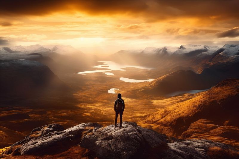 woman man backpack travel mountain hiker adventure landscape back peak journey nature. Generative AI.