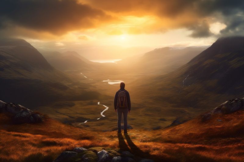 woman man vacation hiker adventure travel nature mountain landscape backpack person back. Generative AI.