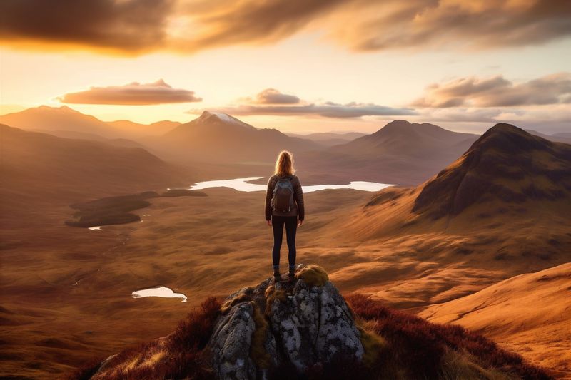 man woman landscape back travel young mountain adventure walk nature hiker backpack. Generative AI.