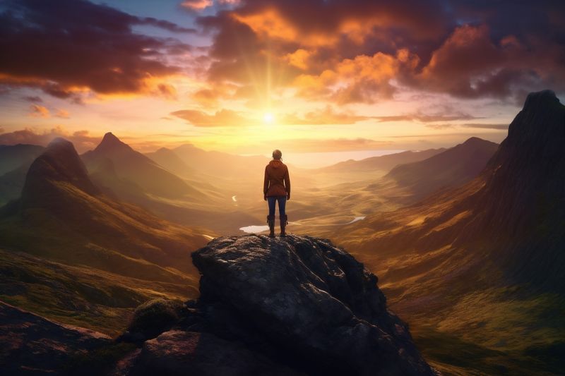 woman man adventure travel view back nature high landscape hiker mountain backpack. Generative AI.