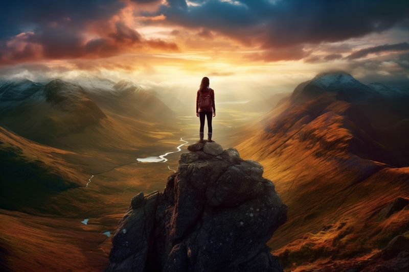 lifestyle woman man hike landscape hiker travel back adventure mountain backpack nature. Generative AI.