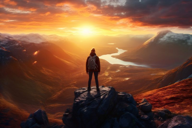 freedom woman man landscape adventure journey back hiker travel backpack nature mountain. Generative AI.