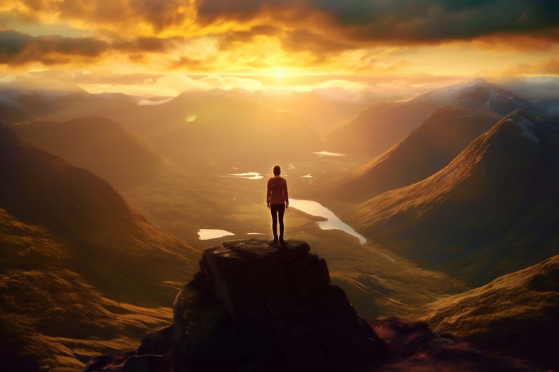 hiker woman man sunrise nature adventure walk travel landscape mountain back backpack. Generative AI.