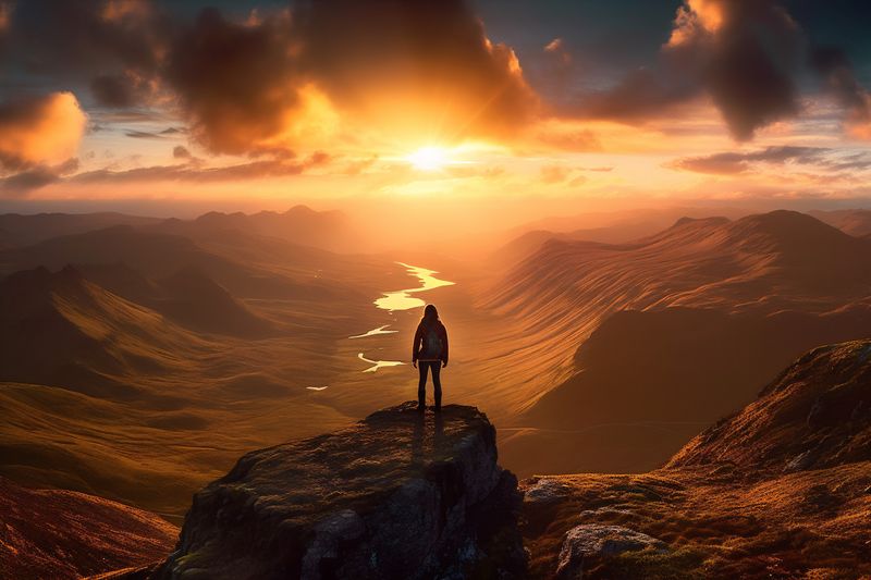 man woman back adventure travel mountain walk standing hiker backpack nature landscape. Generative AI.