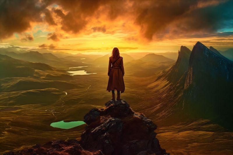 man woman backpack back travel landscape standing nature outdoor hiker mountain adventure. Generative AI.