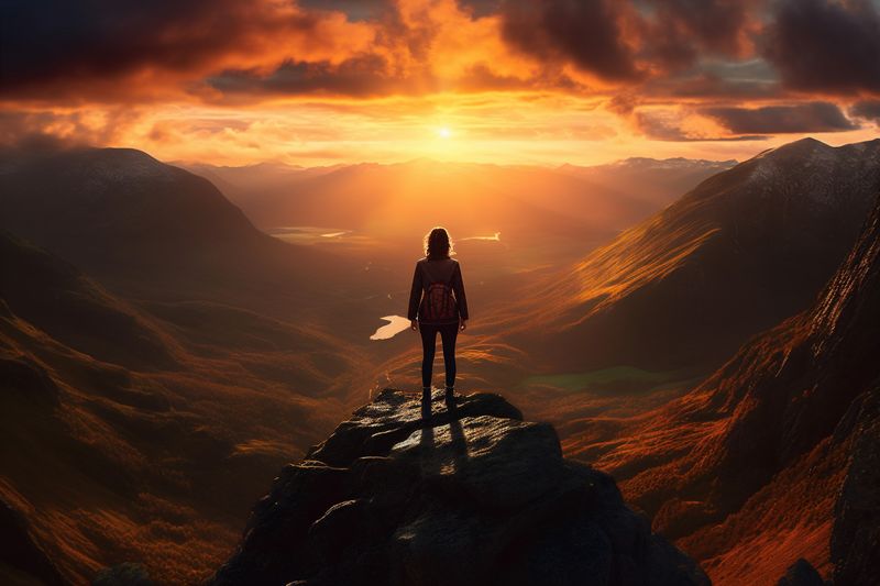 travel woman man landscape back nature mountain sky backpack victory adventure hiker. Generative AI.