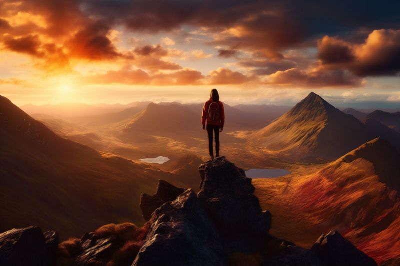 walk woman man adventure landscape travel hiker nature backpack back mountain sky. Generative AI.