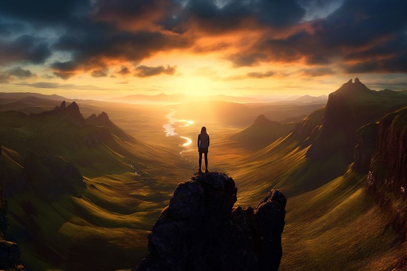 man woman travel backpack back mountain walking nature adventure hiker landscape hike. Generative AI.