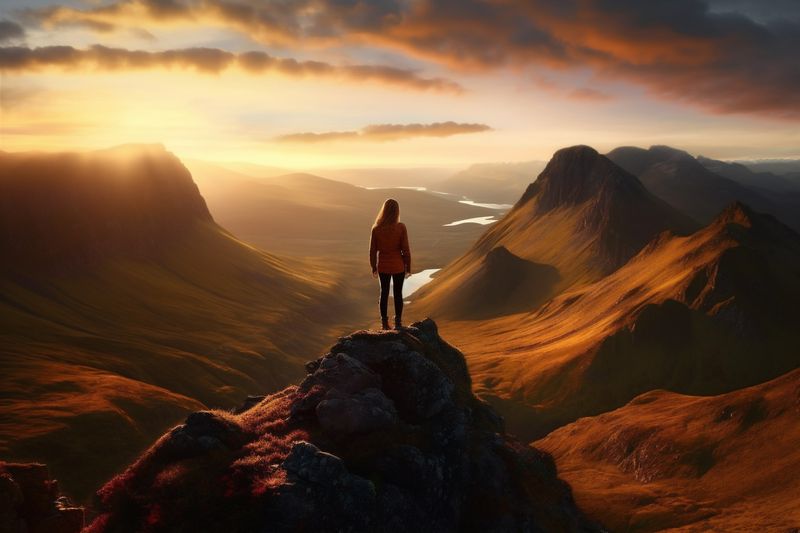 nature woman man backpack sunset hiker mountain summer travel back adventure landscape. Generative AI.