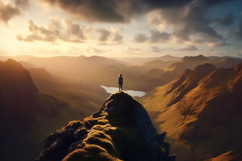 landscape woman man backpack hiker nature mountain back blue adult travel adventure. Generative AI.