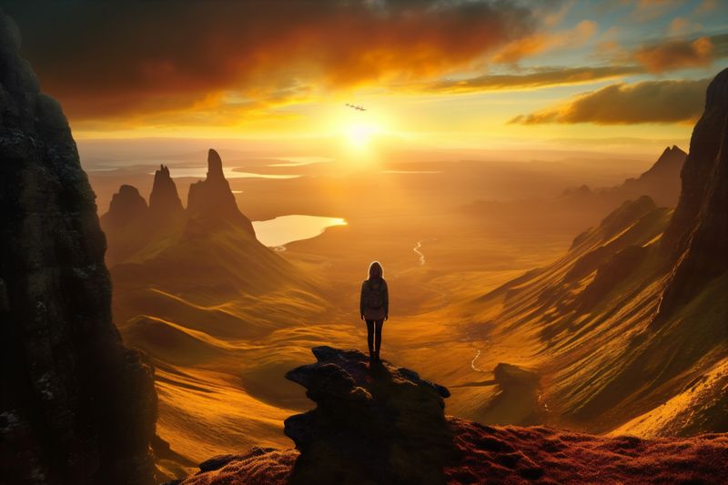 man woman travel top back nature mountain landscape vacation hiker adventure backpack. Generative AI.