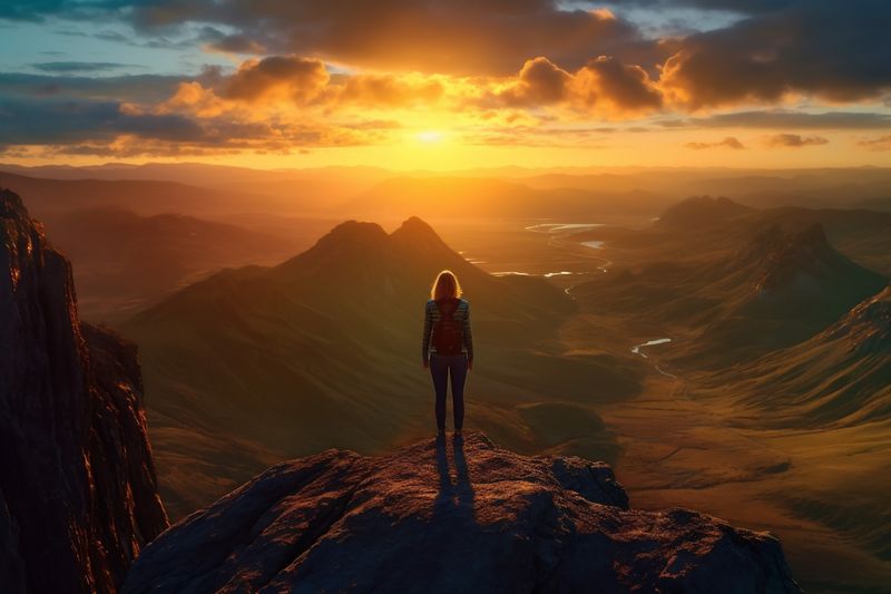 man woman travel nature victory back rock backpack landscape mountain hiker adventure. Generative AI.