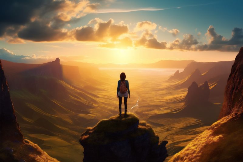 woman man backpack summer travel trekking landscape adventure back hiker nature mountain. Generative AI.