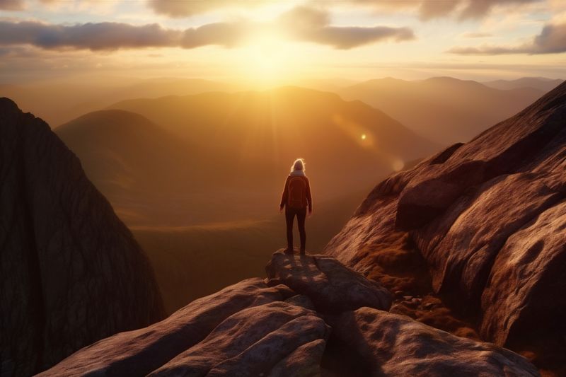 woman man landscape back view hiker mountain nature travel backpack adventure climbing. Generative AI.