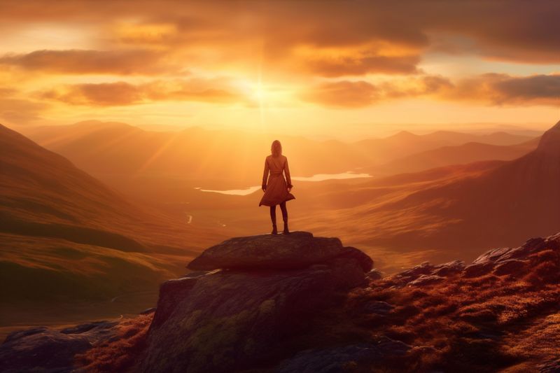 back woman man backpack mountain adventure landscape hiker travel nature sport walk. Generative AI.