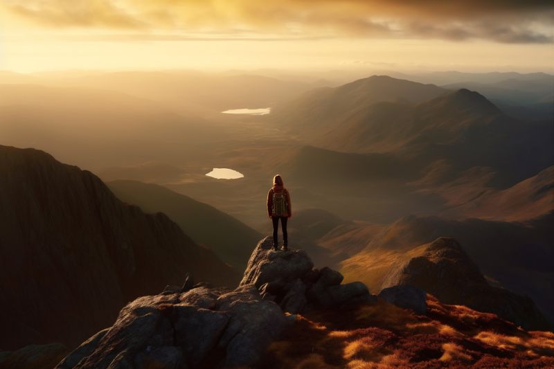 woman hiker man landscape top backpack adventure nature travel back mountain hike. Generative AI.