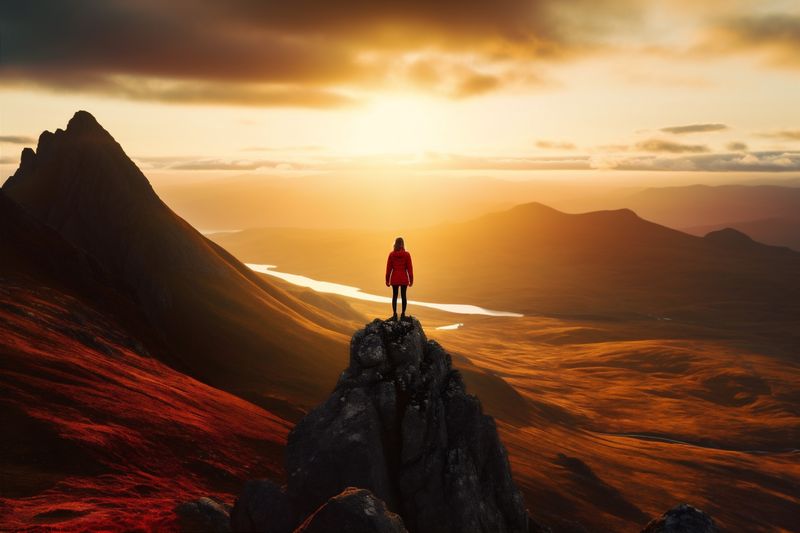 back woman man mountain nature hill landscape backpack adventure travel sunrise hiker. Generative AI.