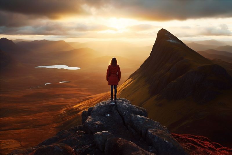 woman adventure man backpack hiker travel nature mountain high climbing back landscape. Generative AI.