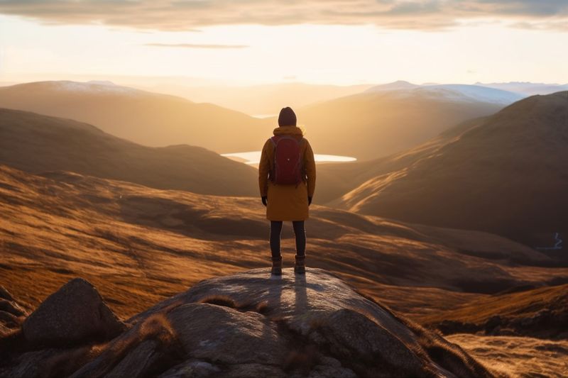 woman nature man landscape back adventure peak backpack mountain summer hiker travel. Generative AI.