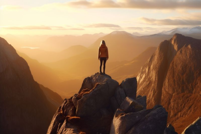 woman man travel mountain back backpack nature trip cliff adventure hiker landscape. Generative AI.