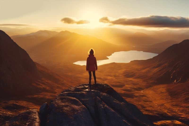 woman man mountain hiker person landscape back travel high backpack adventure nature. Generative AI.