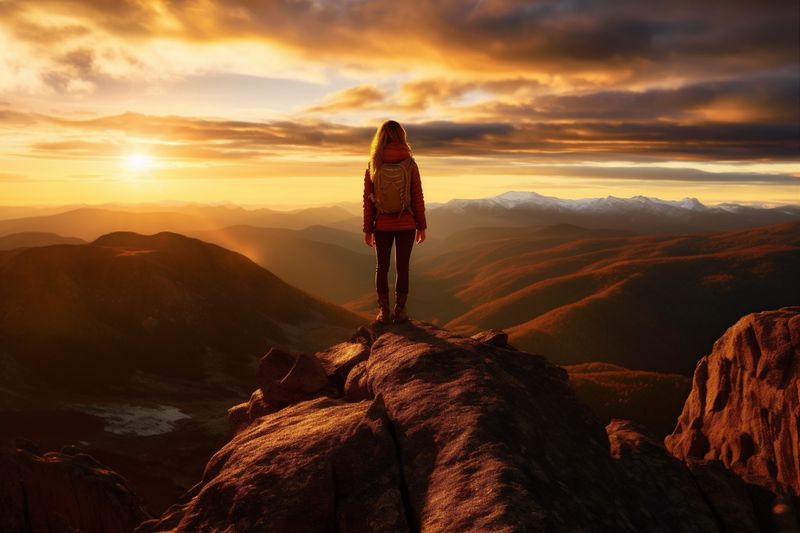 woman standing man landscape adventure hiker nature backpack back sport travel mountain. Generative AI.