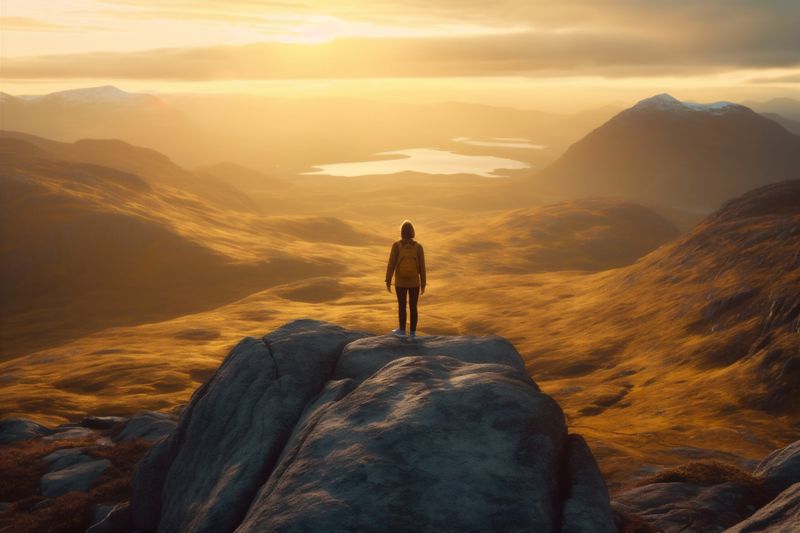 woman man landscape mountain cliff back nature travel blue hiker adventure backpack. Generative AI.