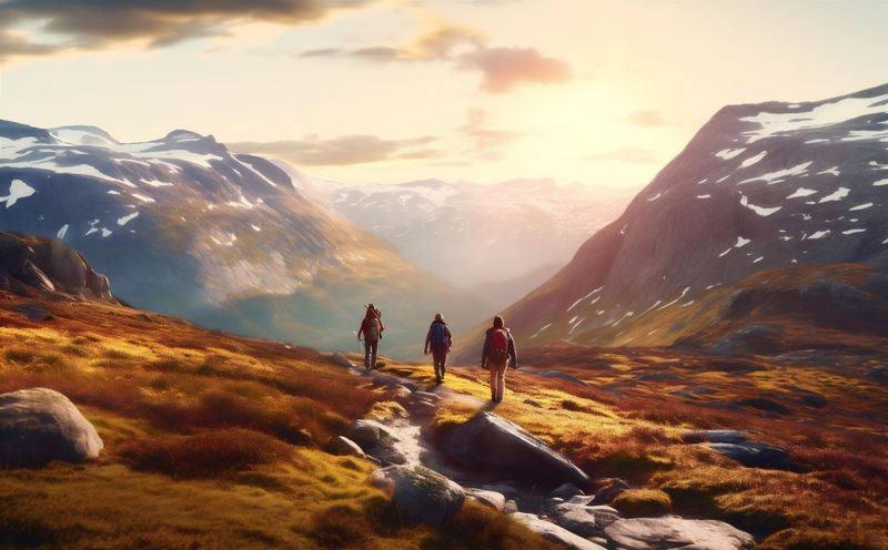 lifestyle man nature hiking group travel walking tourist mountain trekking leisure. Generative AI.