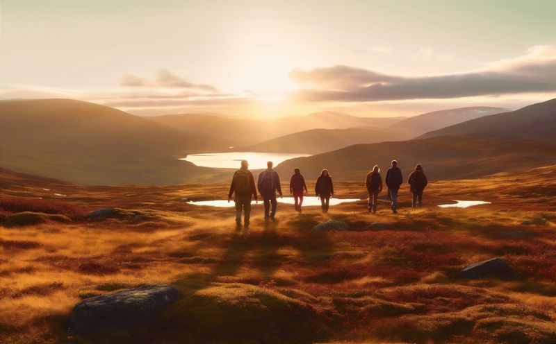 tourist man travel nature mountain lifestyle hiking walking hike trekking group. Generative AI.