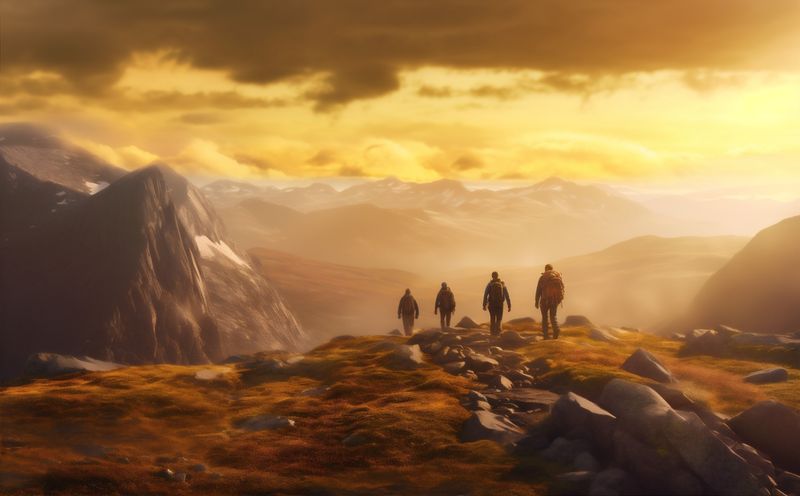 trekking man lifestyle group nature mountain tourist travel together hiking walking. Generative AI.