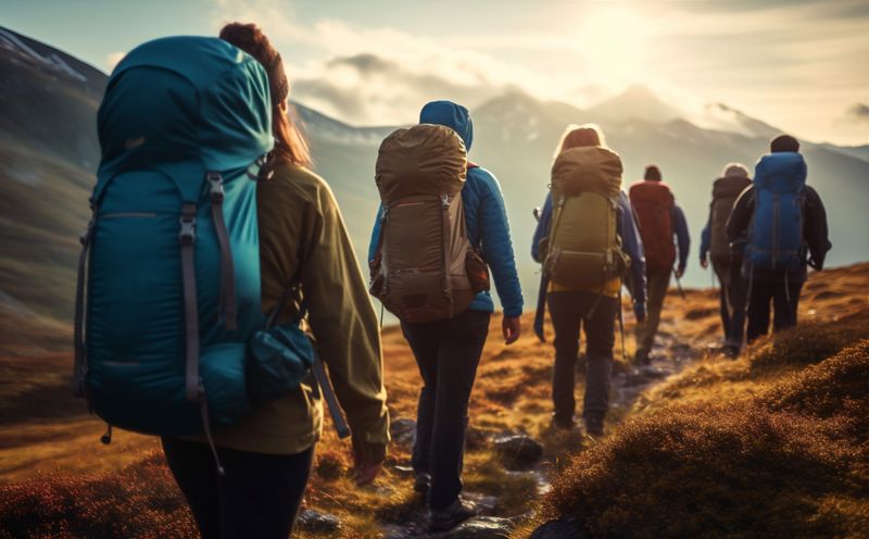 walking man mountain group sport trekking lifestyle tourist travel nature hiking. Generative AI.