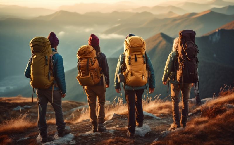 mountain man travel nature walking hiking trekking traveler lifestyle tourist group. Generative AI.