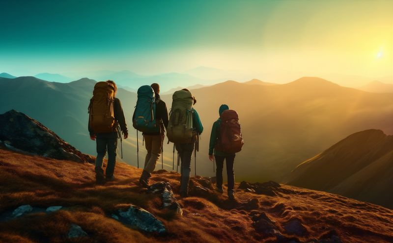 healthy man travel lifestyle mountain trekking nature hiking tourist group walking. Generative AI.