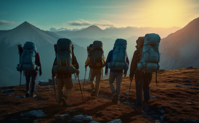 tourism man tourist mountain travel walking group trekking lifestyle hiking nature. Generative AI.