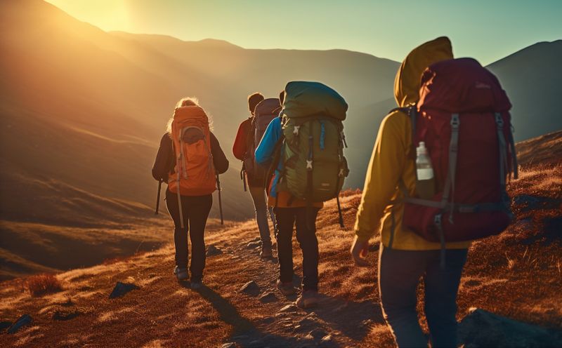 man mountain lifestyle hiking walking tourist travel leisure trekking nature group. Generative AI.