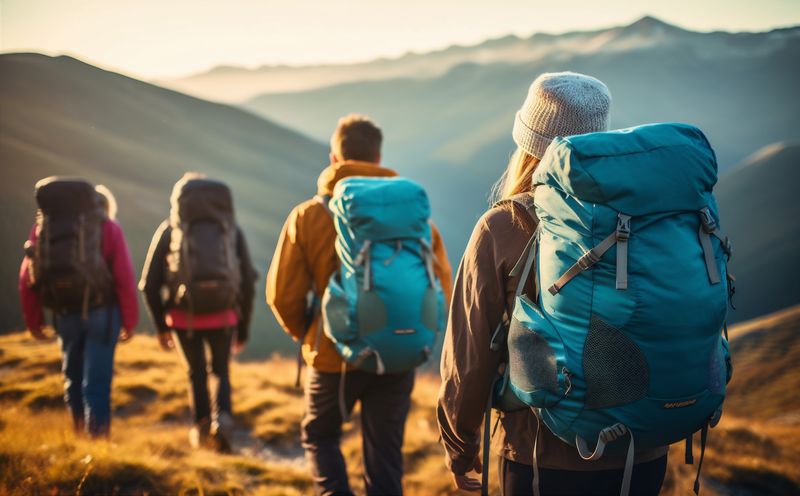 man nature group activity trekking mountain tourist hiking travel walking lifestyle. Generative AI.