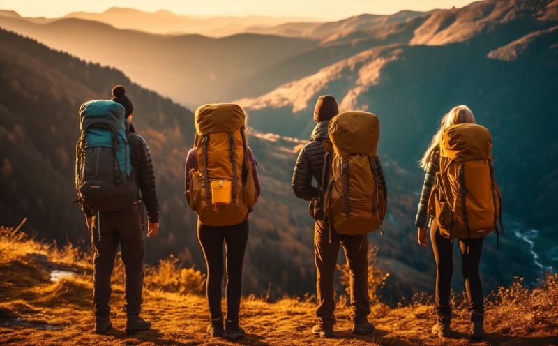 man walking trekking nature landscape hiking travel mountain group lifestyle tourist. Generative AI.