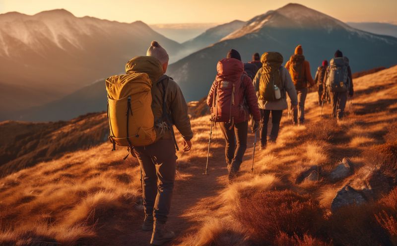 tourist man group nature hiking mountain lifestyle leisure trekking travel walking. Generative AI.