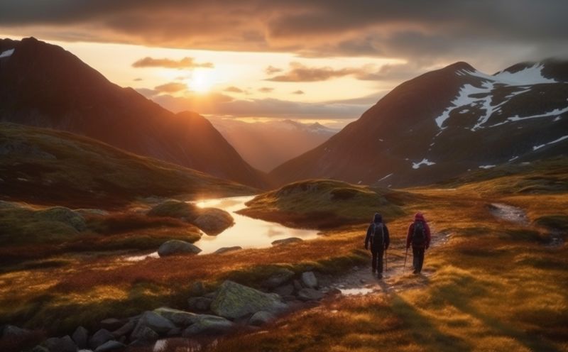 travel man trekking sun hiking nature mountain lifestyle tourist group walking. Generative AI.